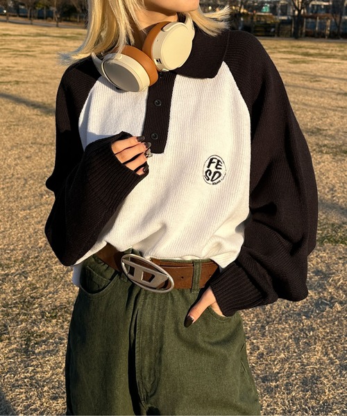 sedacle(セダクル)の「ラグランポロニット(ニット/セーター・メンズ・ホワイト/グリーン・MEDIUM/LARGE)」の3枚目の写真