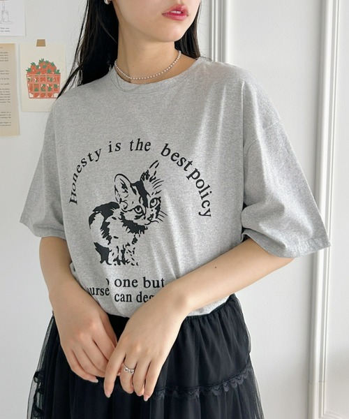 Loueme(ルエム)の「キャット&ロゴビッグシルエットTシャツ(Tシャツ/カットソー・レディース・ホワイト/グレー・FREE)」の2枚目の写真