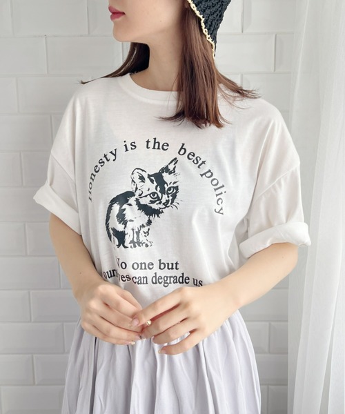 Loueme(ルエム)の「キャット&ロゴビッグシルエットTシャツ(Tシャツ/カットソー・レディース・ホワイト/グレー・FREE)」の3枚目の写真