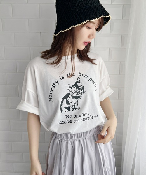 Loueme(ルエム)の「キャット&ロゴビッグシルエットTシャツ(Tシャツ/カットソー・レディース・ホワイト/グレー・FREE)」の4枚目の写真