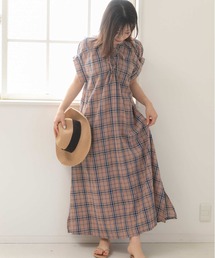スタンドネック チェック レースアップ リゾート マキシ ロングワンピース