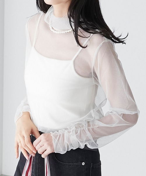 BONLECILL(ボンルシール)の「ラメチュール 袖ギャザーシアーハイネックプルオーバー(Tシャツ/カットソー・レディース・ブラック/ブラウン/カーキ/チャコールグレー/ブルー/アイボリー・FREE)」の2枚目の写真