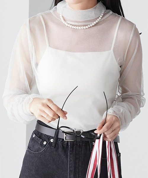 BONLECILL(ボンルシール)の「ラメチュール 袖ギャザーシアーハイネックプルオーバー(Tシャツ/カットソー・レディース・ブラック/ブラウン/カーキ/チャコールグレー/ブルー/アイボリー・FREE)」の7枚目の写真