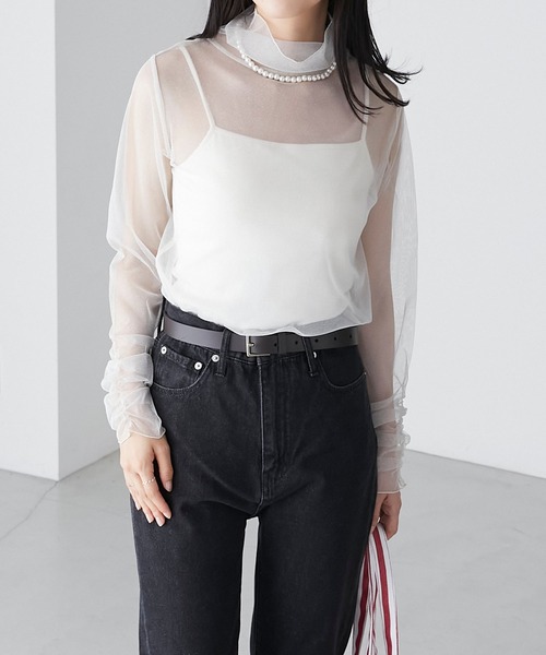BONLECILL(ボンルシール)の「ラメチュール 袖ギャザーシアーハイネックプルオーバー(Tシャツ/カットソー・レディース・ブラック/ブラウン/カーキ/チャコールグレー/ブルー/アイボリー・FREE)」の8枚目の写真