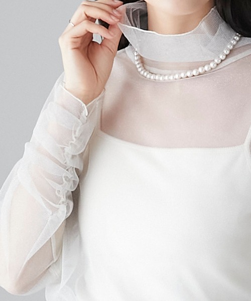BONLECILL(ボンルシール)の「ラメチュール 袖ギャザーシアーハイネックプルオーバー(Tシャツ/カットソー・レディース・ブラック/ブラウン/カーキ/チャコールグレー/ブルー/アイボリー・FREE)」の9枚目の写真