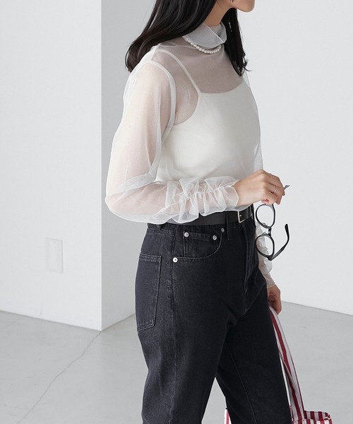 BONLECILL(ボンルシール)の「ラメチュール 袖ギャザーシアーハイネックプルオーバー(Tシャツ/カットソー・レディース・ブラック/ブラウン/カーキ/チャコールグレー/ブルー/アイボリー・FREE)」の10枚目の写真