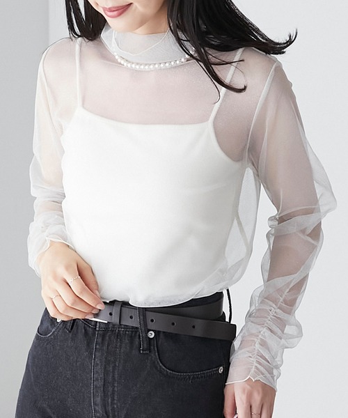 BONLECILL(ボンルシール)の「ラメチュール 袖ギャザーシアーハイネックプルオーバー(Tシャツ/カットソー・レディース・ブラック/ブラウン/カーキ/チャコールグレー/ブルー/アイボリー・FREE)」の14枚目の写真