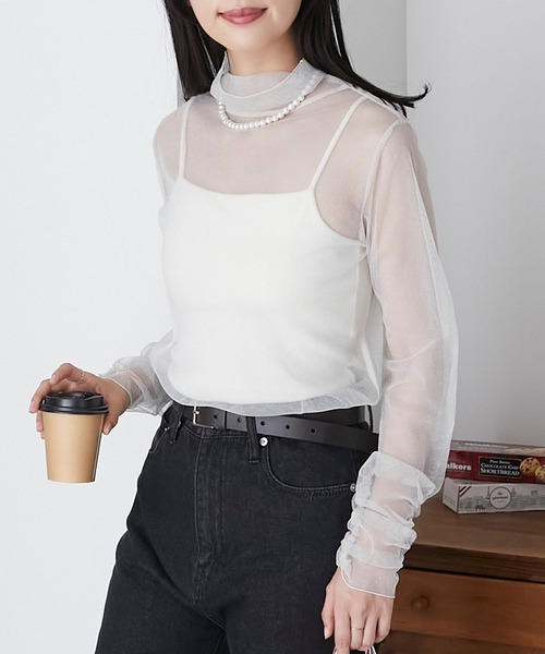 BONLECILL(ボンルシール)の「ラメチュール 袖ギャザーシアーハイネックプルオーバー(Tシャツ/カットソー・レディース・ブラック/ブラウン/カーキ/チャコールグレー/ブルー/アイボリー・FREE)」の15枚目の写真