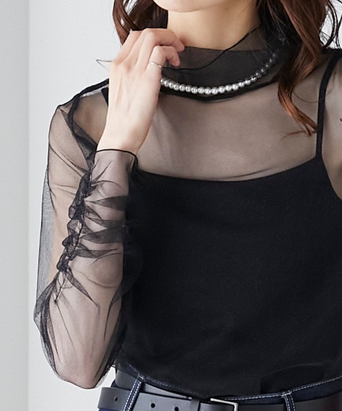 BONLECILL(ボンルシール)の「ラメチュール 袖ギャザーシアーハイネックプルオーバー(Tシャツ/カットソー・レディース・ブラック/ブラウン/カーキ/チャコールグレー/ブルー/アイボリー・FREE)」の18枚目の写真