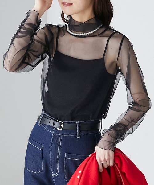 BONLECILL(ボンルシール)の「ラメチュール 袖ギャザーシアーハイネックプルオーバー(Tシャツ/カットソー・レディース・ブラック/ブラウン/カーキ/チャコールグレー/ブルー/アイボリー・FREE)」の21枚目の写真