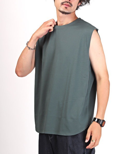 LUXSTYLE（ラグスタイル）の「シルケットライクノースリーブ（Tシャツ/カットソー・メンズ・ホワイト/ブラック/グリーン・L/M/XL）」の3枚目の写真