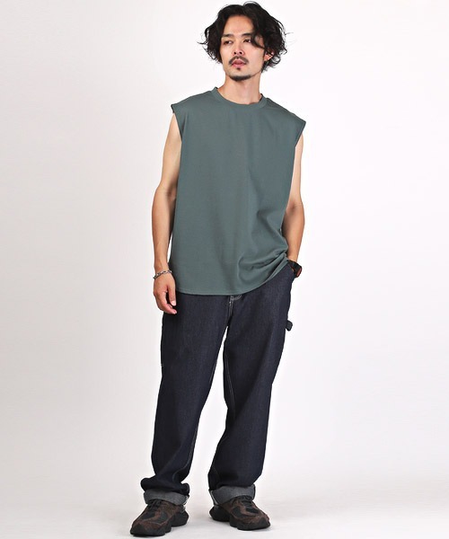 LUXSTYLE（ラグスタイル）の「シルケットライクノースリーブ（Tシャツ/カットソー・メンズ・ホワイト/ブラック/グリーン・L/M/XL）」の8枚目の写真