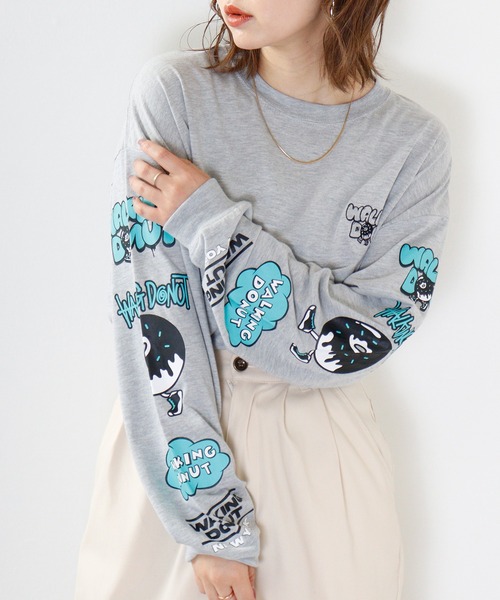 FUNALIVE（ファンアライブ）の「WALKING DONUT　刺繍＆プリント　ロングスリーブTシャツ（Tシャツ/カットソー・メンズ・ホワイト/ブルー/ブラック/ブラック系その他2/杢グレー/グレー/ブルー系その他2/ホワイト系その他2/スミクロ・M/L/LL）」の6枚目の写真