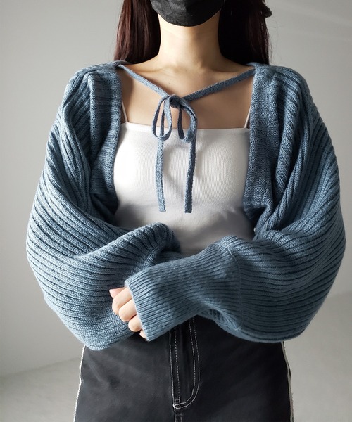 me+em select(ミームセレクト)の「※※【 9color 】2WAYリボンモヘアライクショートリブニットカーデ(カーディガン/ボレロ・レディース・ロイヤルブルー/ブルーグレー/ダークグレー/ブラック/グリーン/ピンク/ミント/アイボリー/スモークピンク・FREE)」の4枚目の写真