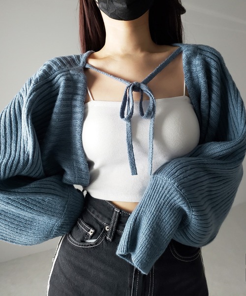 me+em select(ミームセレクト)の「※※【 9color 】2WAYリボンモヘアライクショートリブニットカーデ(カーディガン/ボレロ・レディース・ロイヤルブルー/ブルーグレー/ダークグレー/ブラック/グリーン/ピンク/ミント/アイボリー/スモークピンク・FREE)」の10枚目の写真