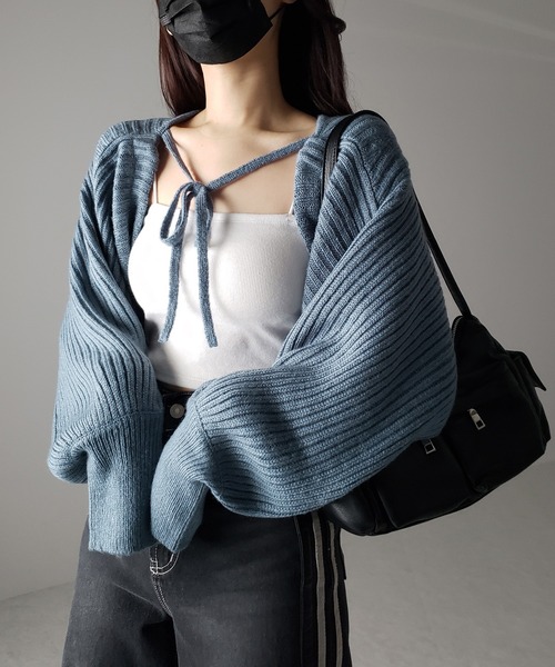 me+em select(ミームセレクト)の「※※【 9color 】2WAYリボンモヘアライクショートリブニットカーデ(カーディガン/ボレロ・レディース・ロイヤルブルー/ブルーグレー/ダークグレー/ブラック/グリーン/ピンク/ミント/アイボリー/スモークピンク・FREE)」の15枚目の写真
