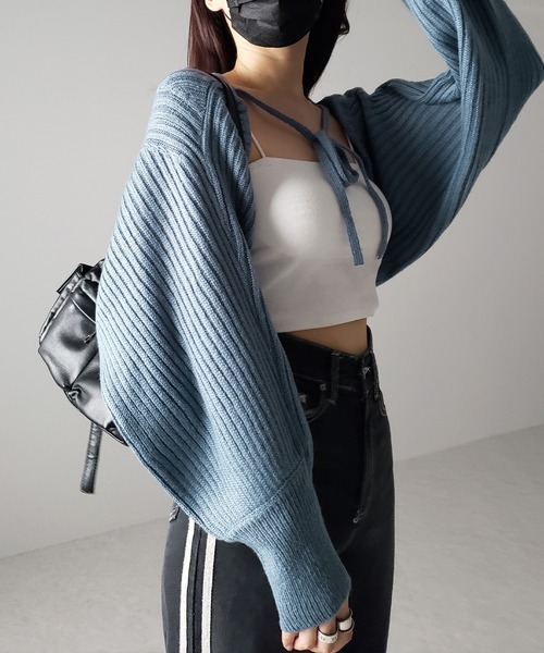 me+em select(ミームセレクト)の「※※【 9color 】2WAYリボンモヘアライクショートリブニットカーデ(カーディガン/ボレロ・レディース・ロイヤルブルー/ブルーグレー/ダークグレー/ブラック/グリーン/ピンク/ミント/アイボリー/スモークピンク・FREE)」の11枚目の写真