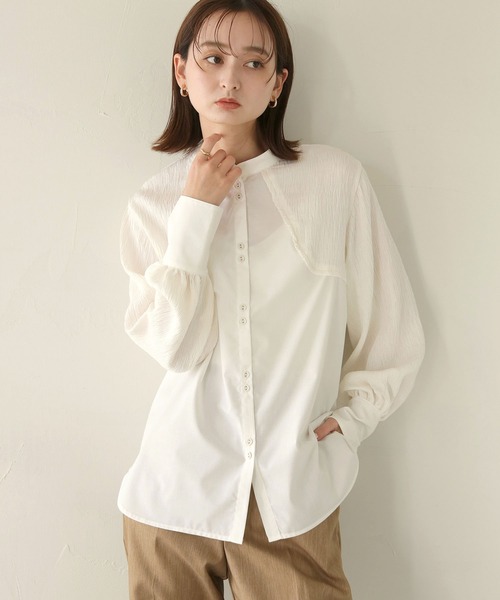 CLEIO（クレイオ）の「【CLEIO】異素材切替えカーブデザインシャツ/CURVE DESIGN SHIRT WITH DIFFERENT MATERIALS/940-11608（シャツ/ブラウス・レディース・ベージュ/ホワイト・FREE）」の3枚目の写真