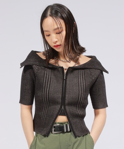 PAGEBOY（ページボーイ）の「ダブルZIPリブオフショル（ニット/セーター・レディース・ライム/オフホワイト/ブラック・FREE）」の5枚目の写真