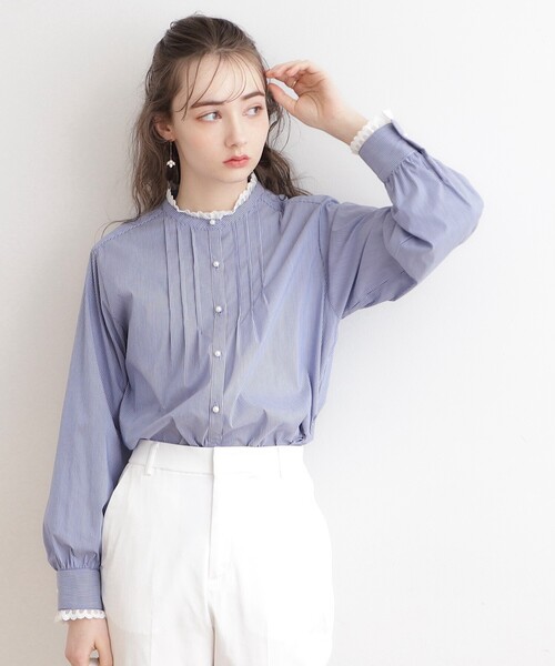 couture brooch（クチュールブローチ）の「◆【選べるストライプorギンガムチェック】先染めピンタックシャツ（シャツ/ブラウス・レディース・ブラック系1/ブルー系2・42/40/38）」の3枚目の写真