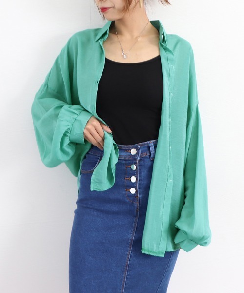 Miniministore(ミニミニストア)の「シアーシャツ 薄手シースルー羽織り 韓国(シャツ/ブラウス・レディース・ライトベージュ/ブルーグリーン/イエロー/オレンジ/ラベンダー/ホワイト/ピンク/グリーン・FREE)」の4枚目の写真