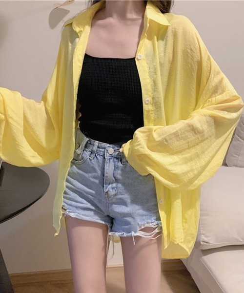 Miniministore(ミニミニストア)の「シアーシャツ 薄手シースルー羽織り 韓国(シャツ/ブラウス・レディース・ライトベージュ/ブルーグリーン/イエロー/オレンジ/ラベンダー/ホワイト/ピンク/グリーン・FREE)」の6枚目の写真