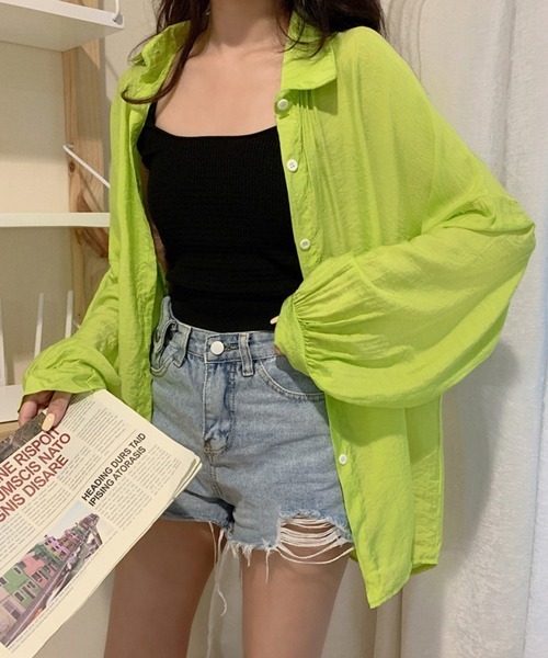Miniministore(ミニミニストア)の「シアーシャツ 薄手シースルー羽織り 韓国(シャツ/ブラウス・レディース・ライトベージュ/ブルーグリーン/イエロー/オレンジ/ラベンダー/ホワイト/ピンク/グリーン・FREE)」の3枚目の写真