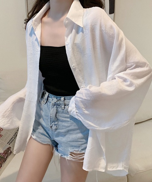 Miniministore(ミニミニストア)の「シアーシャツ 薄手シースルー羽織り 韓国(シャツ/ブラウス・レディース・ライトベージュ/ブルーグリーン/イエロー/オレンジ/ラベンダー/ホワイト/ピンク/グリーン・FREE)」の9枚目の写真