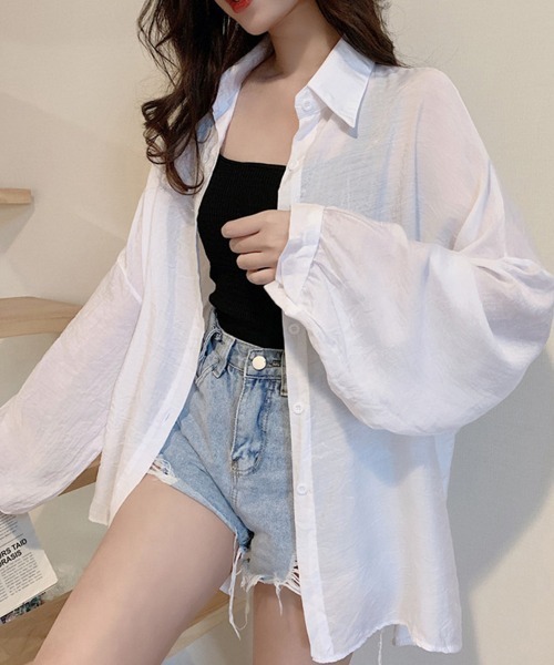 Miniministore(ミニミニストア)の「シアーシャツ 薄手シースルー羽織り 韓国(シャツ/ブラウス・レディース・ライトベージュ/ブルーグリーン/イエロー/オレンジ/ラベンダー/ホワイト/ピンク/グリーン・FREE)」の10枚目の写真