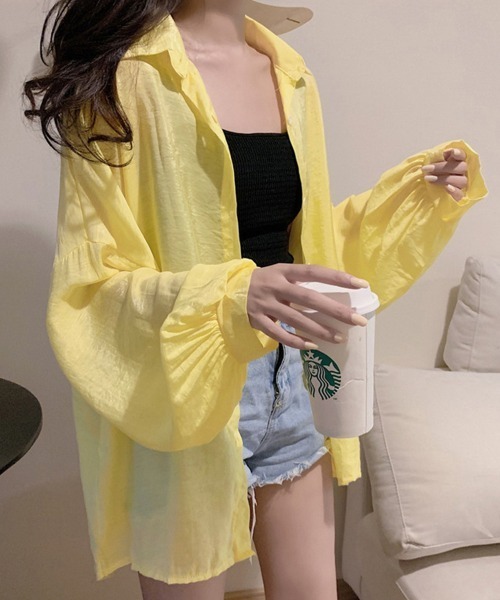 Miniministore(ミニミニストア)の「シアーシャツ 薄手シースルー羽織り 韓国(シャツ/ブラウス・レディース・ライトベージュ/ブルーグリーン/イエロー/オレンジ/ラベンダー/ホワイト/ピンク/グリーン・FREE)」の14枚目の写真