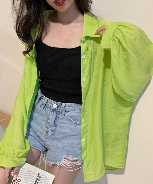 Miniministore(ミニミニストア)の「シアーシャツ 薄手シースルー羽織り 韓国(シャツ/ブラウス・レディース・ライトベージュ/ブルーグリーン/イエロー/オレンジ/ラベンダー/ホワイト/ピンク/グリーン・FREE)」の16枚目の写真