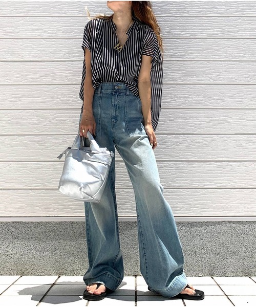 Q（キュー）の「ストライプスキッパーシャツ（シャツ/ブラウス・レディース・ホワイト系/ネイビー系・MEDIUM）」の10枚目の写真