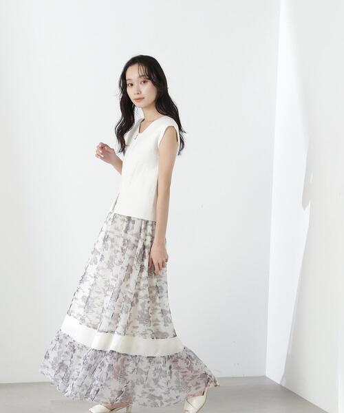 NATURAL BEAUTY BASIC(ナチュラルビューティーベーシック)の「◇シアーラインプリントチュールスカート(スカート・レディース・グリーン系その他/ホワイト系その他・MEDIUM/SMALL)」の1枚目の写真