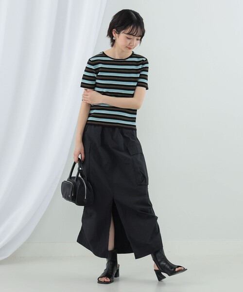 Ray BEAMS(レイビームス)の「Ray BEAMS / マルチ ボーダー レースアップ トップス(ニット/セーター・レディース・ベージュ/ブラック・ONE SIZE)」の4枚目の写真