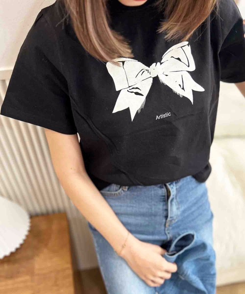 M y u(ミュー)の「リボンプリントTシャツ(Tシャツ/カットソー・レディース・ホワイト/ブラック・FREE)」の18枚目の写真