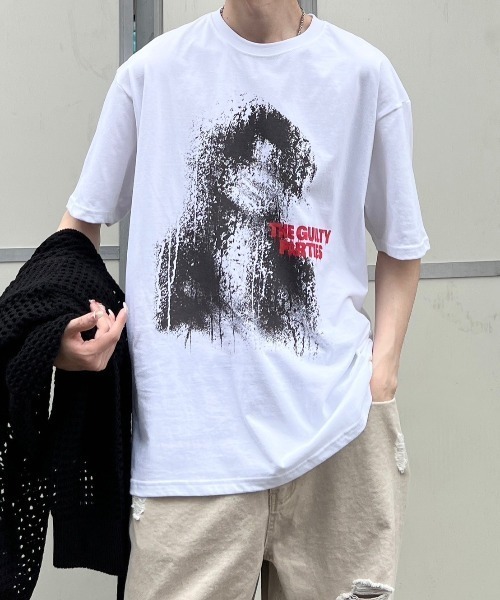 Chikashitsu +(チカシツプラス)の「【Chikashitsu +】paint graphic t-shirt / 【チカシツプラス】ペイントグラフィック半袖Tシャツ(Tシャツ/カットソー・メンズ・ブラック/ホワイト・ONE SIZE)」の2枚目の写真
