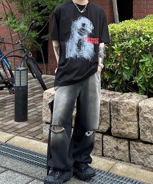 Chikashitsu +(チカシツプラス)の「【Chikashitsu +】paint graphic t-shirt / 【チカシツプラス】ペイントグラフィック半袖Tシャツ(Tシャツ/カットソー・メンズ・ブラック/ホワイト・ONE SIZE)」の11枚目の写真