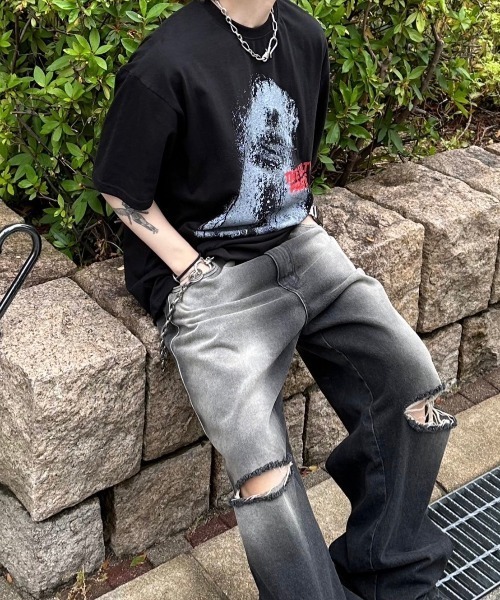 Chikashitsu +(チカシツプラス)の「【Chikashitsu +】paint graphic t-shirt / 【チカシツプラス】ペイントグラフィック半袖Tシャツ(Tシャツ/カットソー・メンズ・ブラック/ホワイト・ONE SIZE)」の14枚目の写真