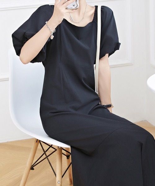 マーメイド ワンピ パフスリーブ 総レース ロング丈 七分袖 ★ セール】バックレースアップ パフスリーブ マーメイド ロング
