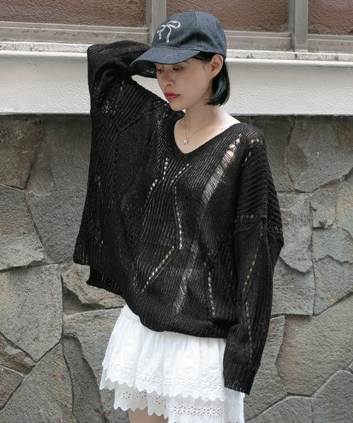 3.3 Field Trip (3.3フィールドトリップ)の「3.3 Field Trip/Vネックダメージニット(ニット/セーター・レディース・カーキ/アイボリー/ブラック・FREE)」の2枚目の写真