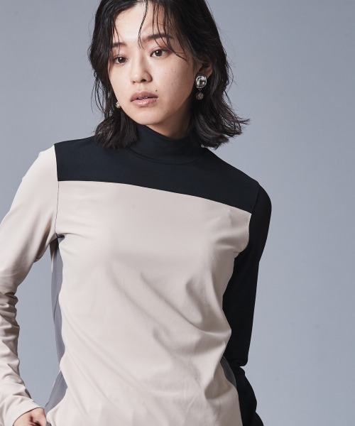 CHIC STYLE（シックスタイル）の「配色ハイネックカットソープルオーバー ＜大きいサイズ有＞シックスタイルゴルフ　（Tシャツ/カットソー・レディース・ベージュ/グレー・5L/4L/3L/LL/L/M）」の2枚目の写真