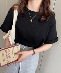 袖折り返しクルーネック半袖ベーシックプルオーバー
