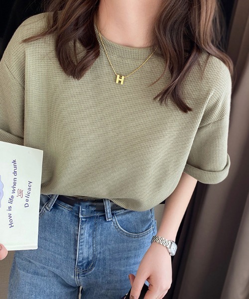 deux amour(ドゥーザムール)の「袖折り返しクルーネック半袖ベーシックプルオーバー(Tシャツ/カットソー・レディース・ホワイト/ブラック/ベージュ/カーキ・FREE)」の8枚目の写真