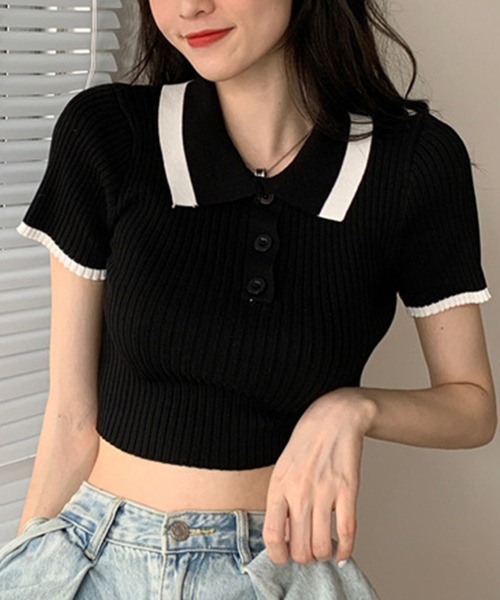 GLAMOROUS JANE(グラマラスジェーン)の「配色ショート丈ポロサマーニット(ニット/セーター・レディース・ブラック/ホワイト・FREE)」の1枚目の写真