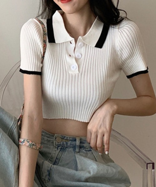 GLAMOROUS JANE(グラマラスジェーン)の「配色ショート丈ポロサマーニット(ニット/セーター・レディース・ブラック/ホワイト・FREE)」の10枚目の写真