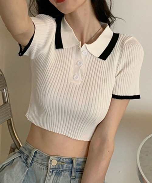 GLAMOROUS JANE(グラマラスジェーン)の「配色ショート丈ポロサマーニット(ニット/セーター・レディース・ブラック/ホワイト・FREE)」の9枚目の写真