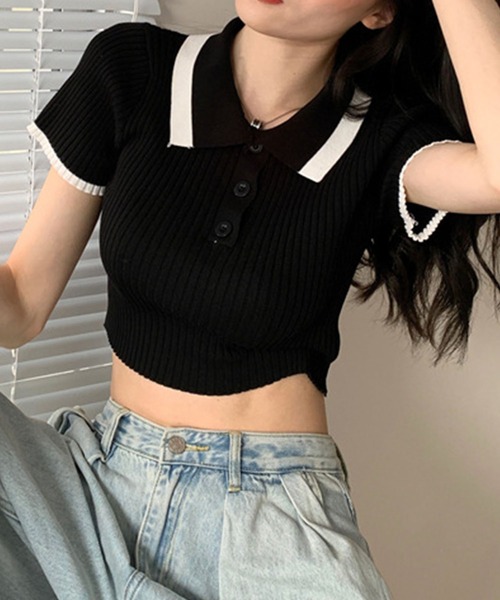 GLAMOROUS JANE(グラマラスジェーン)の「配色ショート丈ポロサマーニット(ニット/セーター・レディース・ブラック/ホワイト・FREE)」の6枚目の写真