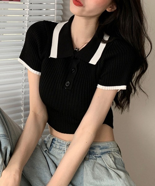 GLAMOROUS JANE(グラマラスジェーン)の「配色ショート丈ポロサマーニット(ニット/セーター・レディース・ブラック/ホワイト・FREE)」の5枚目の写真