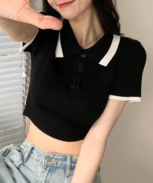 GLAMOROUS JANE(グラマラスジェーン)の「配色ショート丈ポロサマーニット(ニット/セーター・レディース・ブラック/ホワイト・FREE)」の4枚目の写真