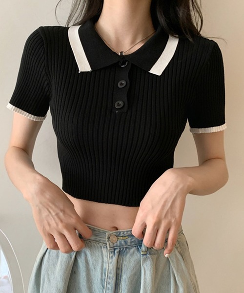 GLAMOROUS JANE(グラマラスジェーン)の「配色ショート丈ポロサマーニット(ニット/セーター・レディース・ブラック/ホワイト・FREE)」の3枚目の写真